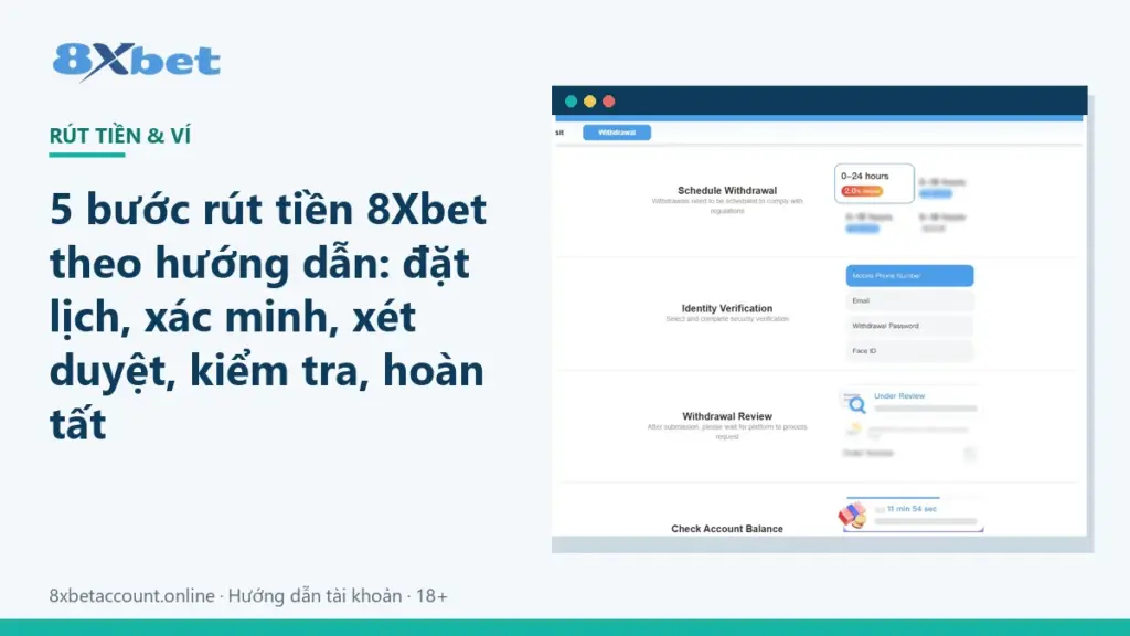 Ảnh bìa hướng dẫn rút tiền 8Xbet gồm 5 bước từ đặt lịch rút đến hoàn tất