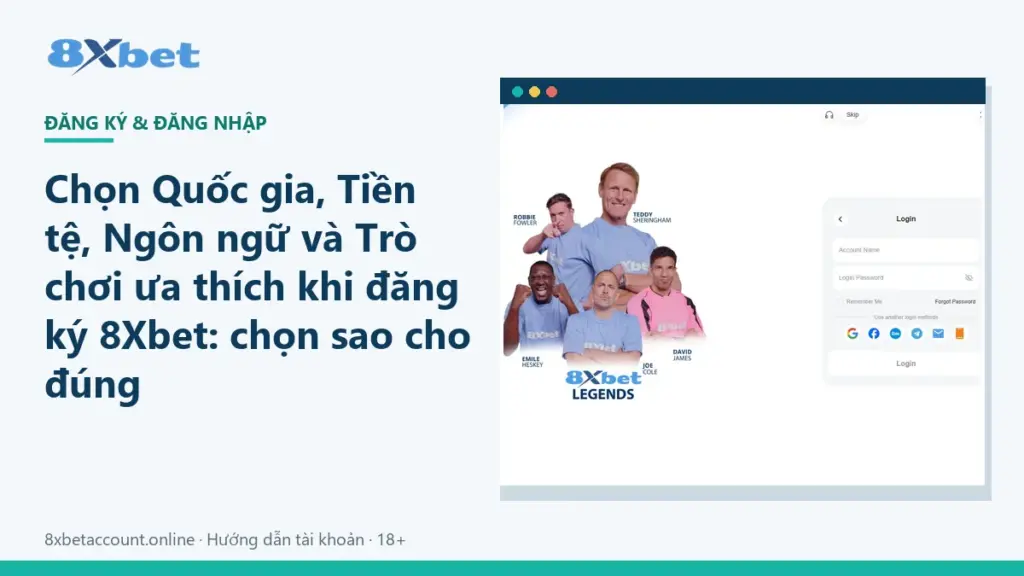 Ảnh bìa cài đặt ban đầu tài khoản 8Xbet: Quốc gia, Tiền tệ, Ngôn ngữ, Trò chơi ưa thích