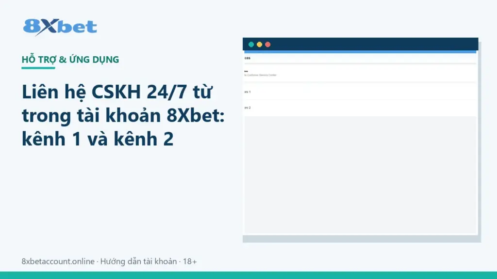 Ảnh bìa liên hệ CSKH 8Xbet 24/7 từ trong tài khoản qua kênh 1 và kênh 2