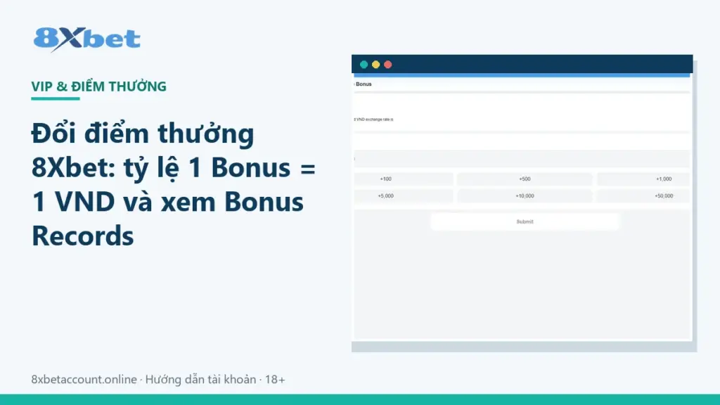 Ảnh bìa bài viết đổi điểm thưởng 8Xbet với tỷ lệ 1 Bonus bằng 1 VND và Bonus Records