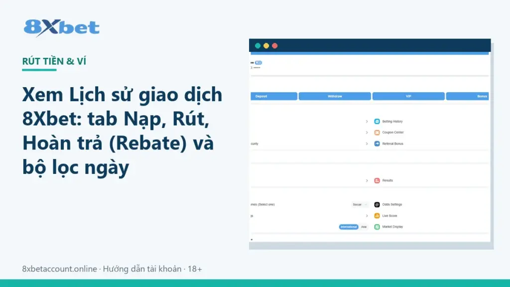 Ảnh bìa lịch sử giao dịch 8Xbet với các tab Nạp, Rút, Hoàn trả và bộ lọc ngày