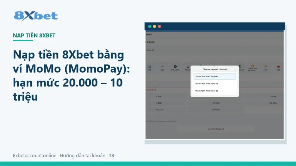 Ảnh bìa hướng dẫn nạp tiền 8Xbet MoMo qua phương thức MomoPay, hạn mức 20.000 đến 10 triệu