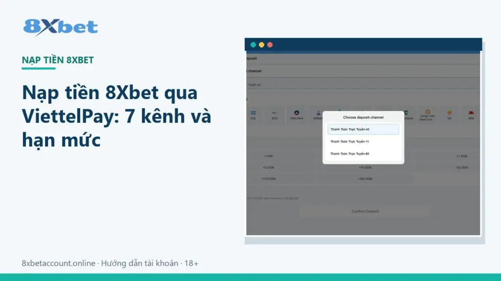 Ảnh bìa hướng dẫn nạp tiền 8Xbet ViettelPay với 7 kênh và hạn mức 20.000 đến 10 triệu