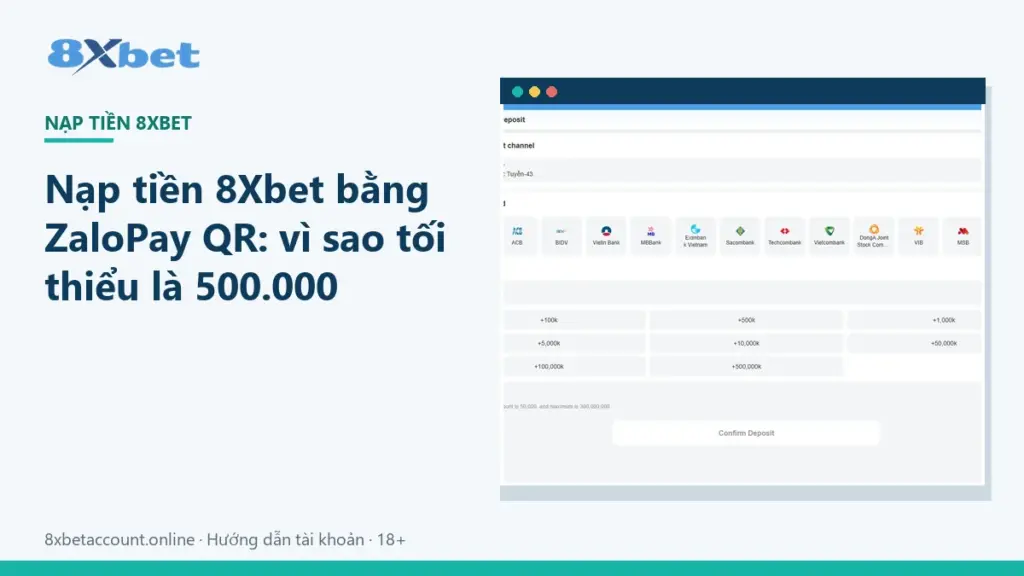 Ảnh bìa hướng dẫn nạp tiền 8Xbet ZaloPay QR với mức tối thiểu 500.000 và tối đa 20 triệu