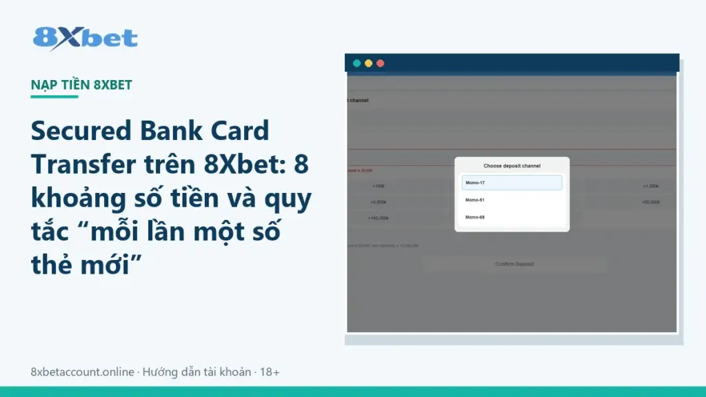 Ảnh bìa hướng dẫn chuyển khoản thẻ bảo mật 8Xbet với 8 khoảng số tiền và quy tắc số thẻ mới