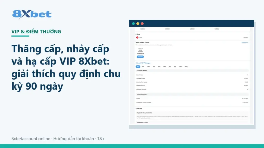 Ảnh bìa bài viết thăng hạng VIP 8Xbet, nhảy cấp và hạ cấp theo chu kỳ 90 ngày