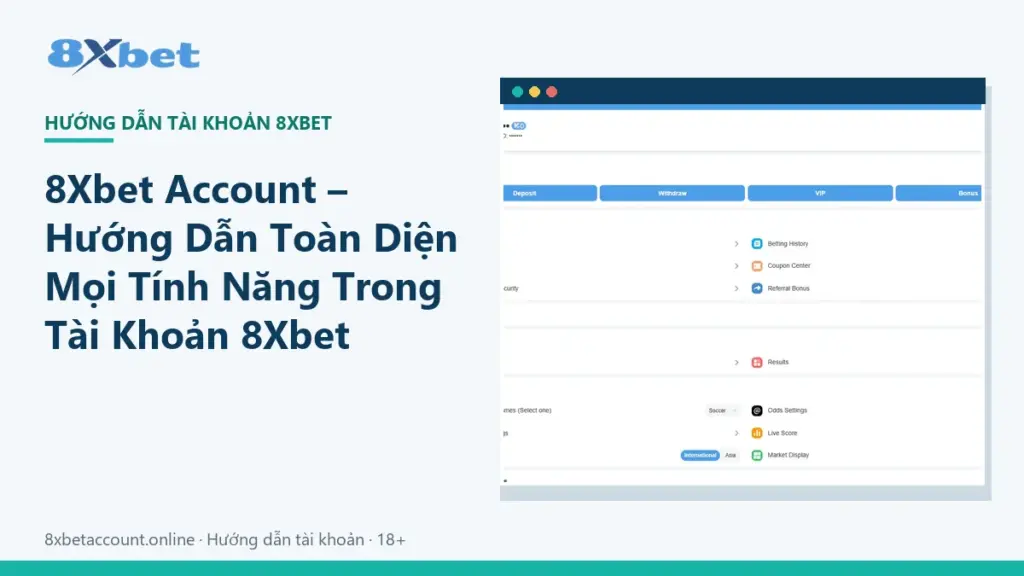 Ảnh bìa cẩm nang tài khoản 8Xbet với các khu vực hồ sơ, ví, VIP và cài đặt