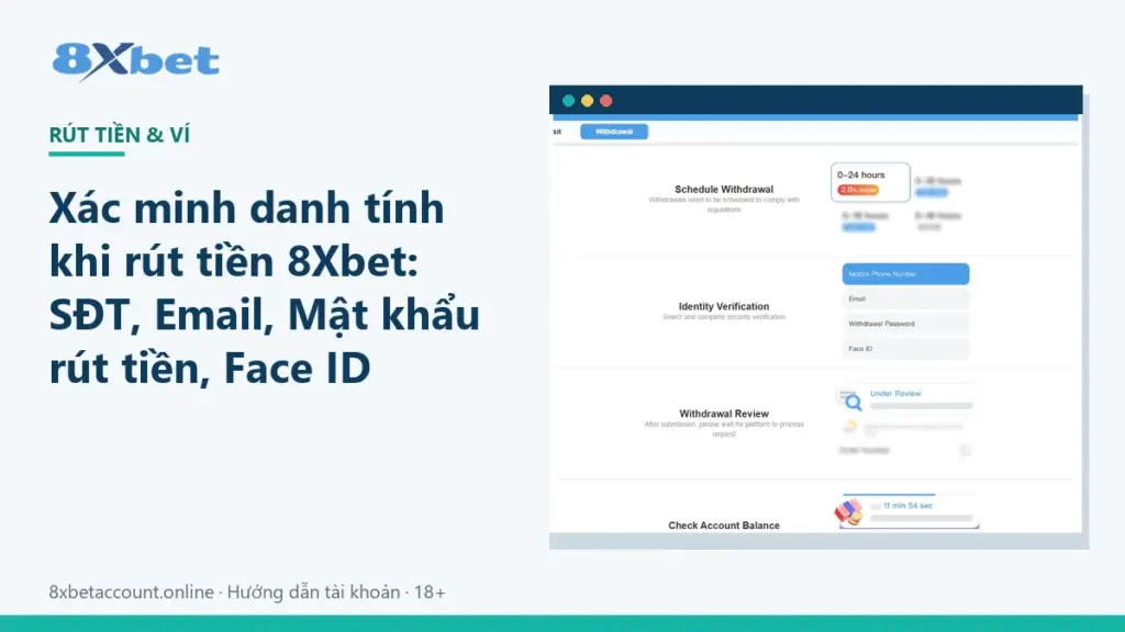 Ảnh bìa xác minh rút tiền 8Xbet với bốn lựa chọn số điện thoại, email, mật khẩu rút tiền, Face ID
