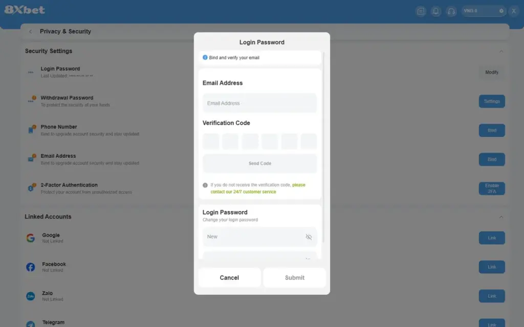 Cửa sổ Login Password của 8Xbet có khối liên kết email phía trên và khối đổi mật khẩu phía dưới