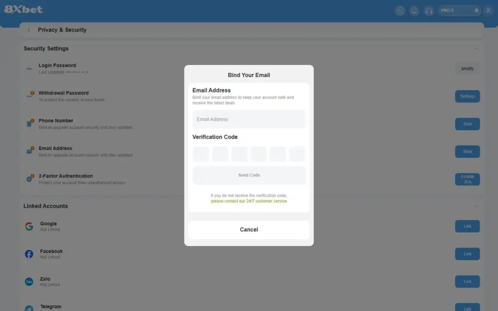 Cửa sổ Bind Your Email để liên kết email 8Xbet với ô Email Address, 6 ô mã và nút Send Code