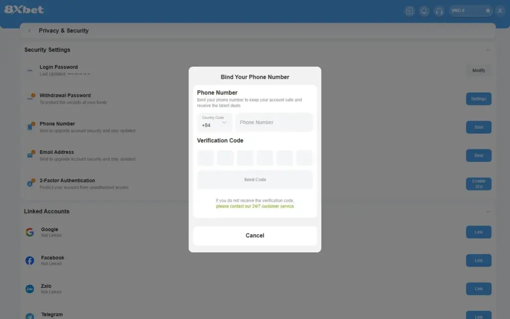 Mục 1: liên kết số điện thoại Cửa sổ Bind Your Phone Number 8Xbet, mục thứ nhất cần hoàn tất trước khi bật 2FA
