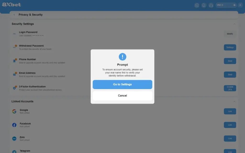 Hộp thoại Prompt trên 8Xbet yêu cầu đặt tên thật trước khi thiết lập mật khẩu rút tiền