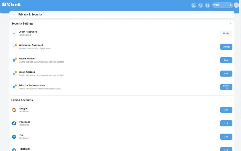 Mục bảo mật sau khi đăng nhập Trang Privacy & Security 8Xbet với Login Password, nút Modify và các mục cần Bind
