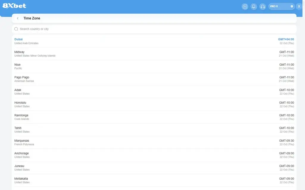 Trang chọn múi giờ Trang Time Zone 8Xbet: ô tìm kiếm, Dubai GMT+04:00 đang chọn, danh sách thành phố kèm ngày địa phương