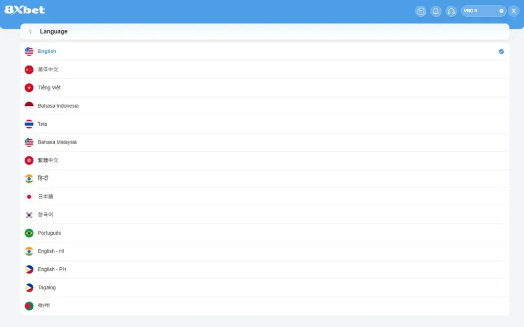 Danh sách 15 ngôn ngữ Trang Language 8Xbet với 15 ngôn ngữ, English đang được tích, Tiếng Việt ở vị trí thứ ba