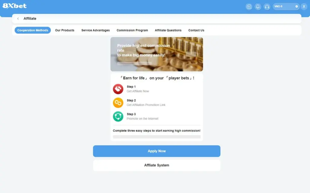 Vị trí tab Contact Us Trang đại lý 8Xbet với hàng 6 tab, tab Contact Us nằm ở vị trí cuối cùng bên phải
