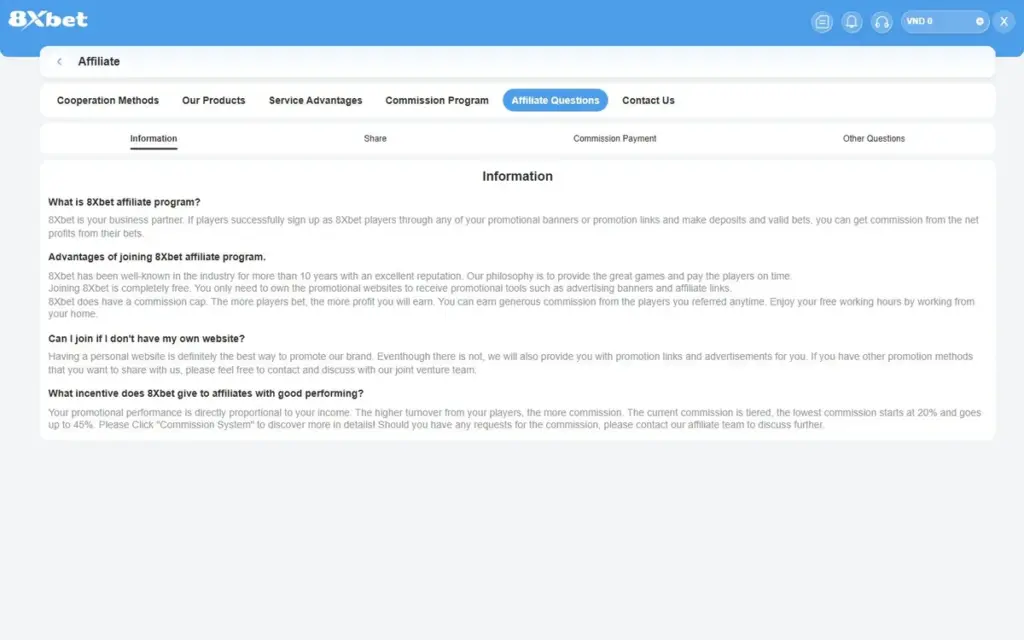Tab Affiliate Questions đại lý 8Xbet, mục Information với 4 câu hỏi và 4 mục con