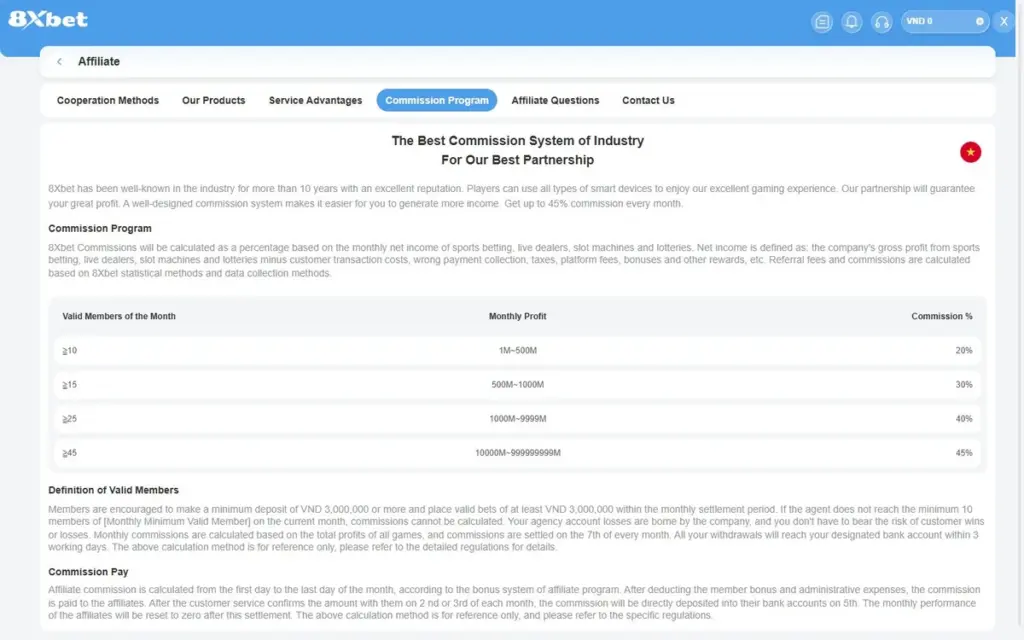 Tab Commission Program của đại lý 8Xbet với bảng 4 bậc hoa hồng 20%, 30%, 40%, 45%