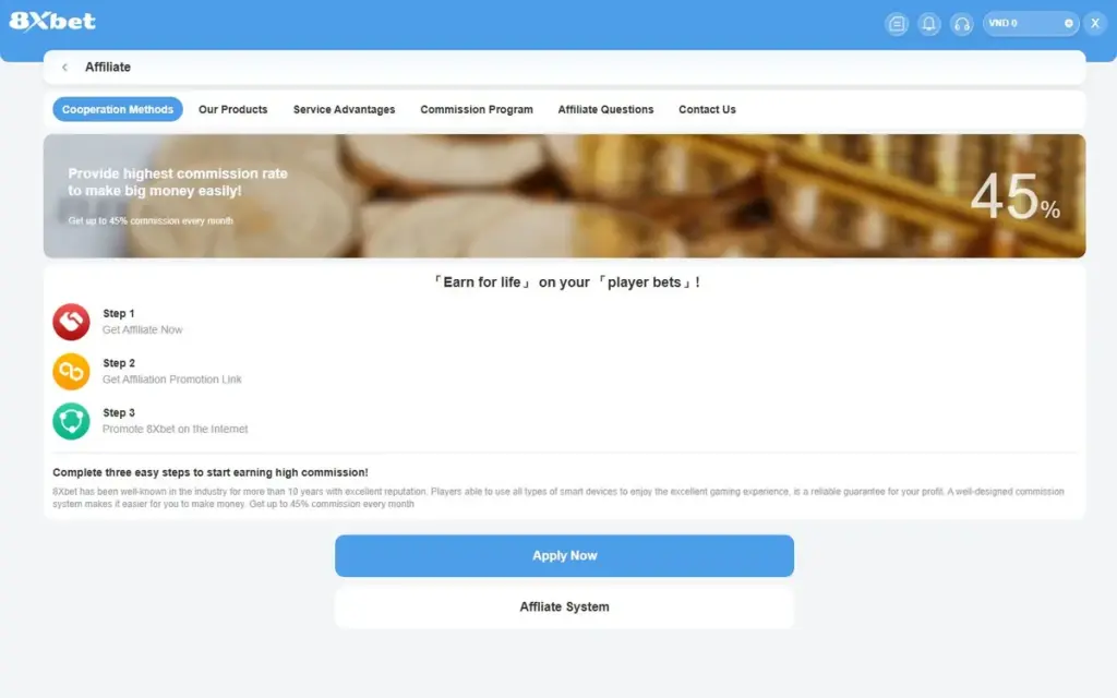 Tab Cooperation Methods của đại lý 8Xbet hiển thị banner 45% và 3 bước Step 1, Step 2, Step 3