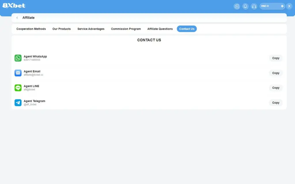 Tab Contact Us Tab Contact Us trang đại lý 8Xbet với 4 dòng Agent WhatsApp, Agent Email, Agent LINE, Agent Telegram