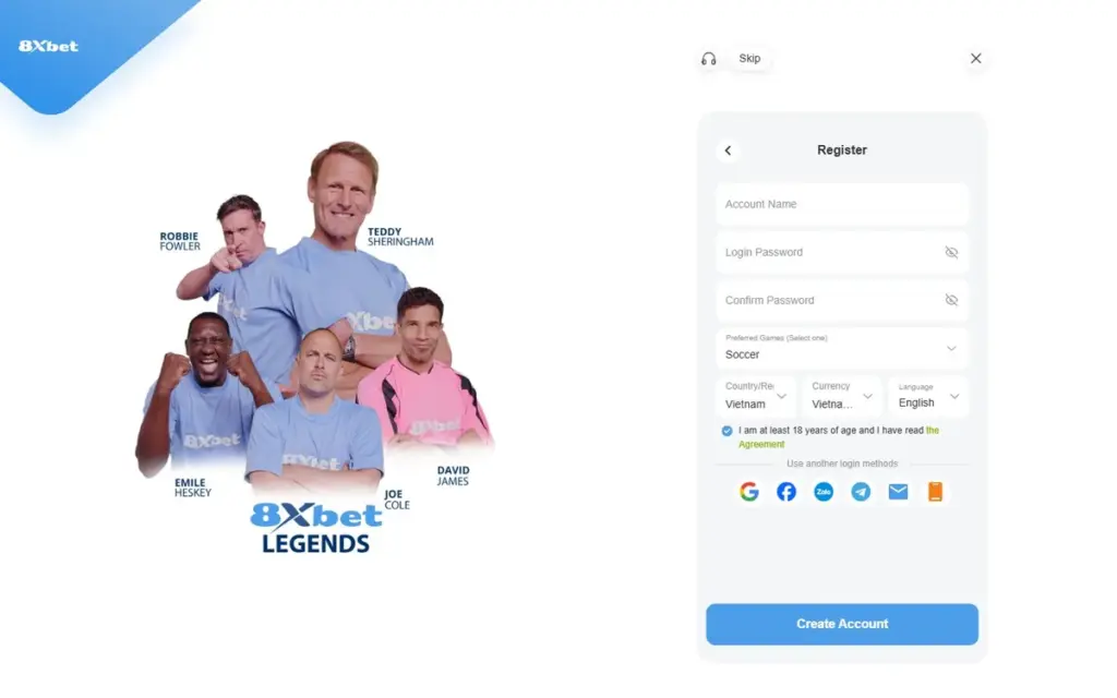 Form đăng ký 8Xbet với các ô Account Name, Login Password, Confirm Password, Preferred Games, Country, Currency, Language