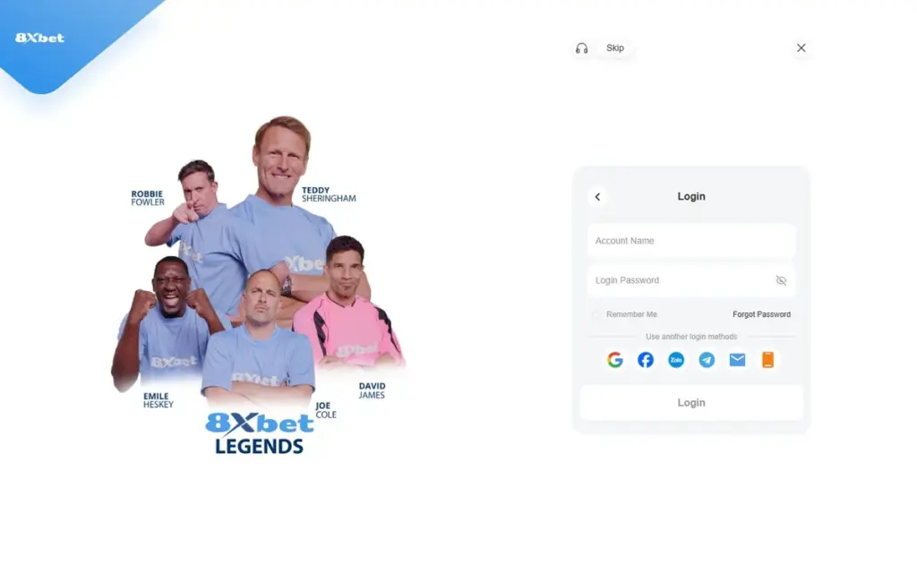 Form Login của 8Xbet Form đăng nhập 8Xbet gồm Account Name, Login Password, Remember Me chưa tích và liên kết Forgot Password