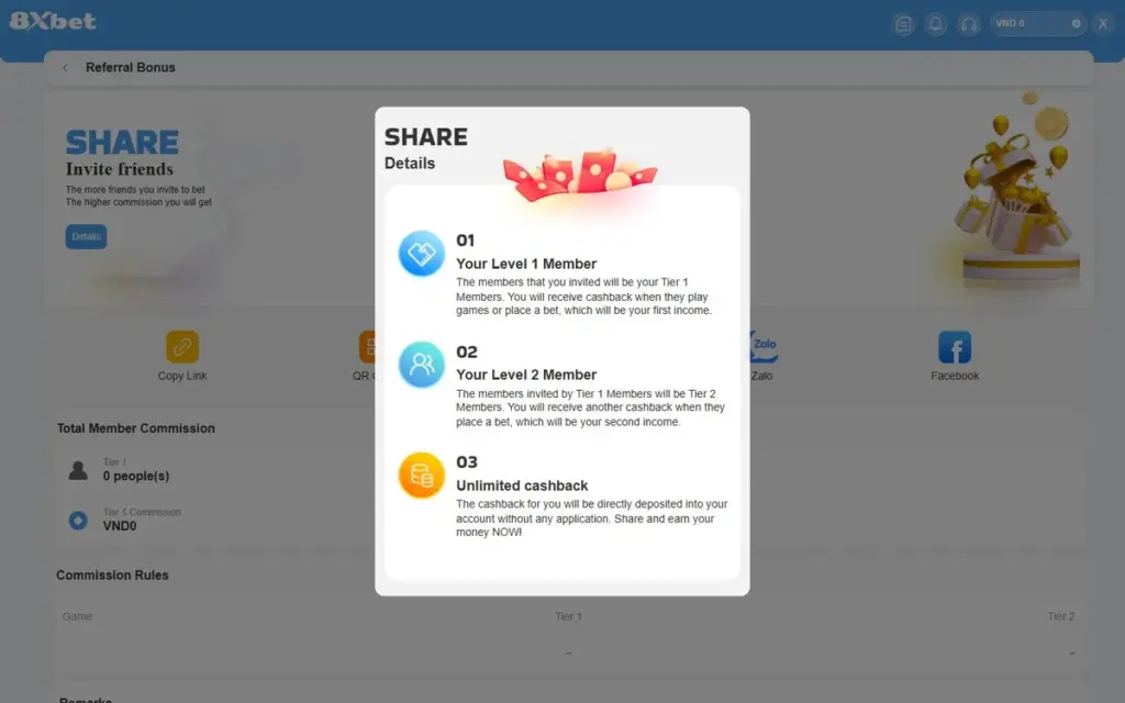 Khối Commission Rules trên trang Referral Bonus 8Xbet với tiêu đề cột Game, Tier 1, Tier 2