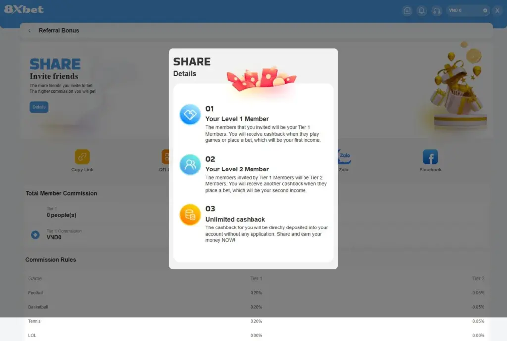 Hàng nút chia sẻ link giới thiệu 8Xbet trên trang Referral Bonus: Copy Link, QR Code, Zalo, Facebook