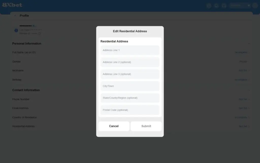 Form địa chỉ cư trú Form Edit Residential Address 8Xbet gồm Address Line 1 đến 3, City/Town, State/County/Region và Postal Code