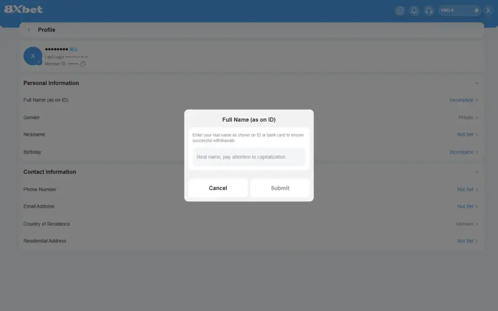 Hộp thoại Full Name (as on ID) trên 8Xbet nhắc nhập tên thật như trên giấy tờ hoặc thẻ ngân hàng