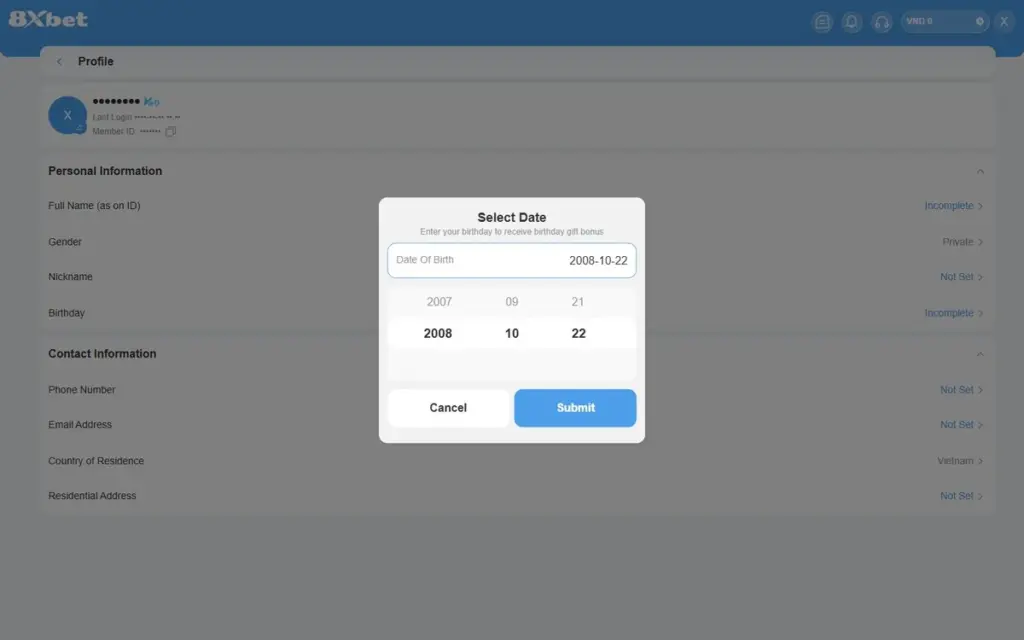 Cửa sổ Select Date khai báo ngày sinh 8Xbet với bánh xe năm, tháng, ngày mặc định 2008-10-22
