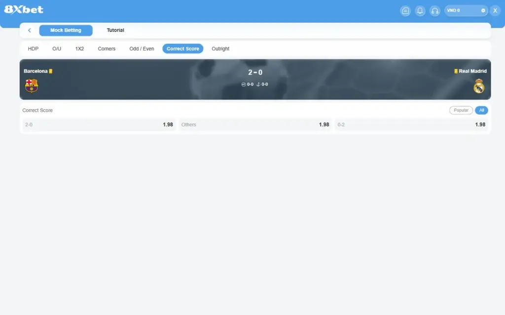 Tab Correct Score cược thử 8Xbet với ba ô 2-0, Others, 0-2 và bộ lọc Popular, All