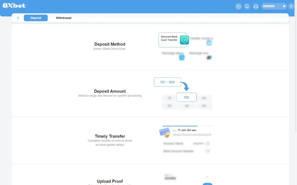 Trang hướng dẫn nạp tiền 8Xbet tab Deposit trên máy tính với bước Deposit Method, Deposit Amount, Timely Transfer
