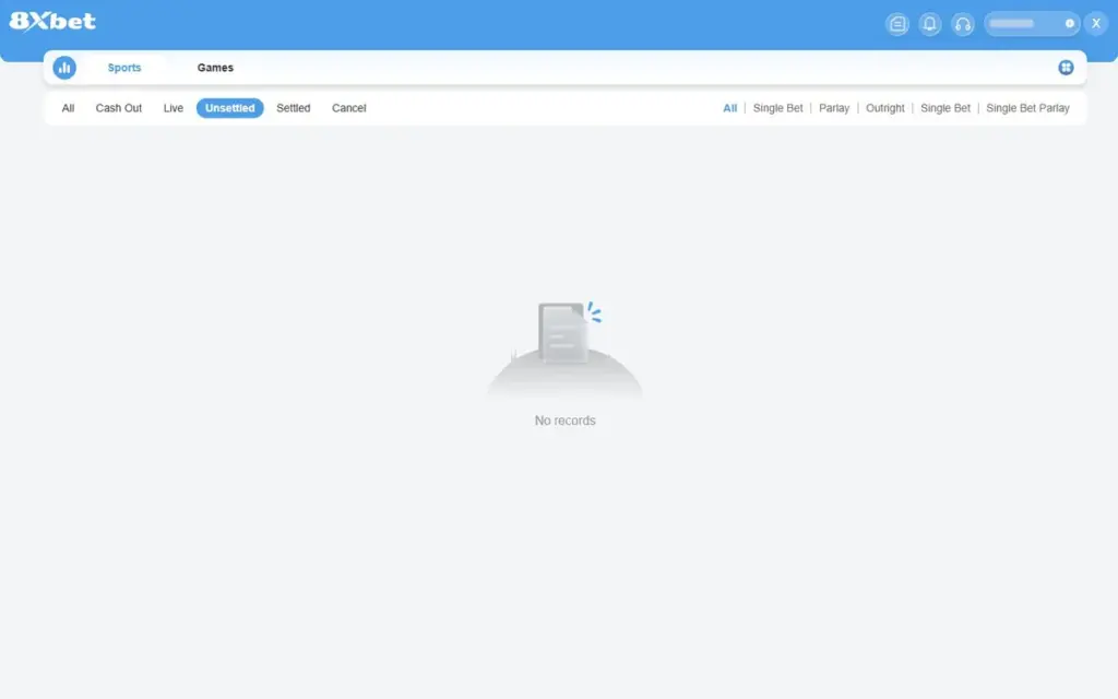 Trang lịch sử cược 8Xbet tab Sports, trạng thái Unsettled được chọn sẵn, danh sách No records