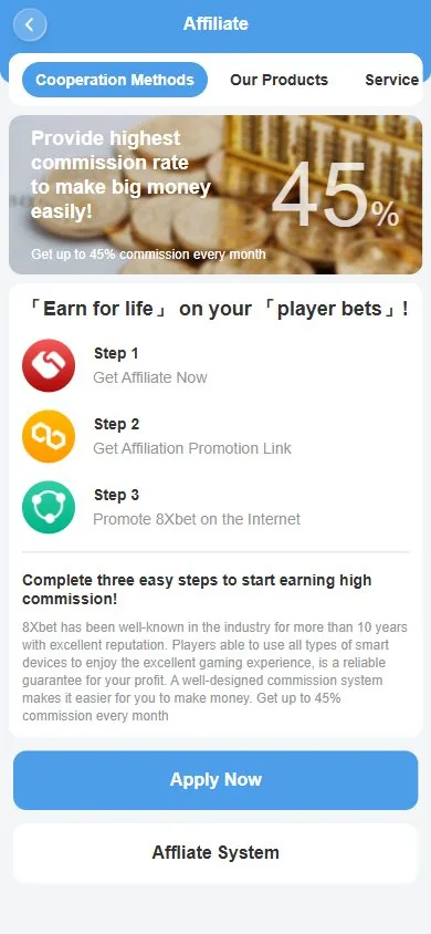 Trang đại lý 8Xbet trên điện thoại với banner 45%, 3 bước và nút Apply Now