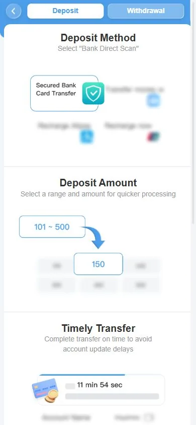 Hướng dẫn giao dịch 8Xbet trên điện thoại, tab Deposit với khoảng 101 ~ 500 và số 150
