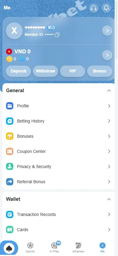 Trang Me của tài khoản 8Xbet trên điện thoại với số dư VND 0, menu General và Wallet