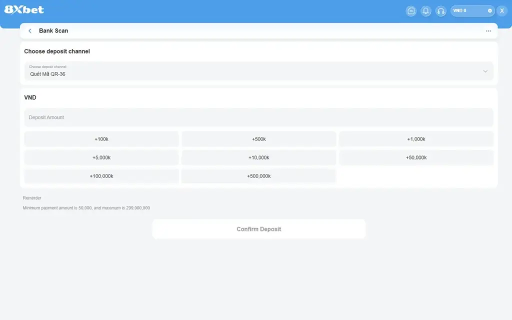 Form Bank Scan nạp tiền 8Xbet quét mã QR với kênh Quét Mã QR-36, ô Deposit Amount và 8 nút số tiền nhanh