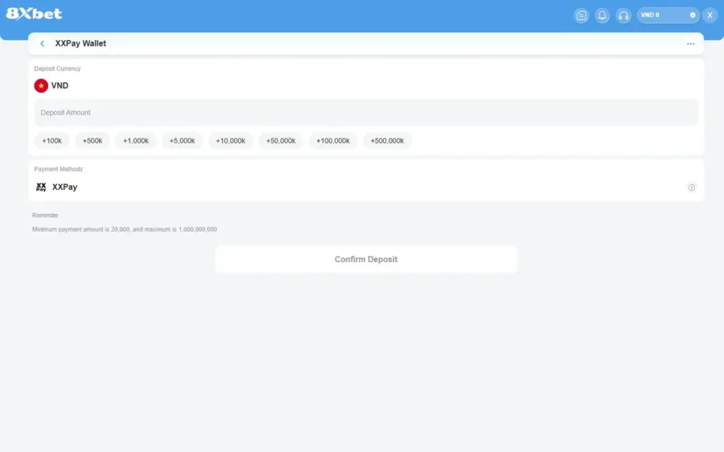 Form XXPay Wallet của ví XXPay 8Xbet với Deposit Currency VND, 8 nút số tiền dạng hàng ngang và Payment Methods XXPay