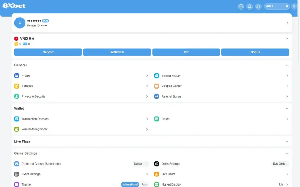 Công tắc Theme International / Asia Trang tài khoản 8Xbet với công tắc Theme International và Asia trong nhóm Game Settings