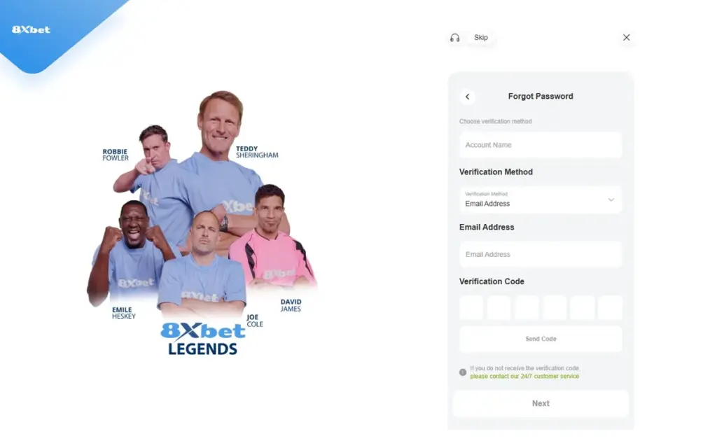 Trang Forgot Password 8Xbet có dòng hướng dẫn liên hệ 24/7 customer service khi không nhận được mã