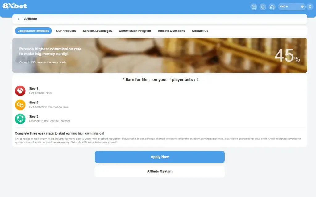 Trang đại lý 8Xbet tab Cooperation Methods với nút Apply Now và Affliate System