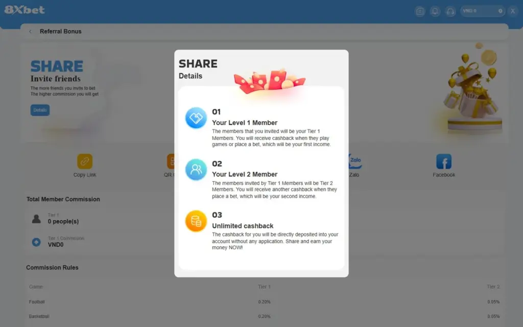 Bộ đếm Total Member Commission Khu vực Total Member Commission của 8Xbet hiển thị Tier 1 0 people(s) và Tier 1 Commission VND0