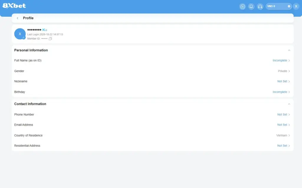 Đầu trang Hồ sơ và thông tin liên hệ Hồ sơ tài khoản 8Xbet hiển thị dòng Last Login, Member ID và nhóm Contact Information