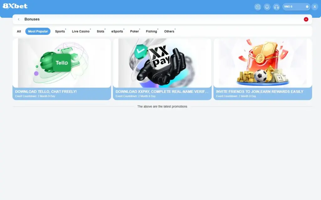Trang Bonuses với 9 danh mục Trang Bonuses ưu đãi 8Xbet với 9 tab danh mục và 3 thẻ sự kiện có Event Countdown 2 Month 9 Day