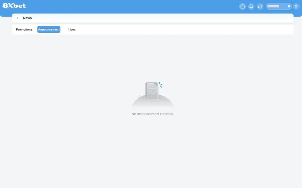 Tab Announcement trong tin nhắn 8Xbet đang trống với dòng No announcement currently