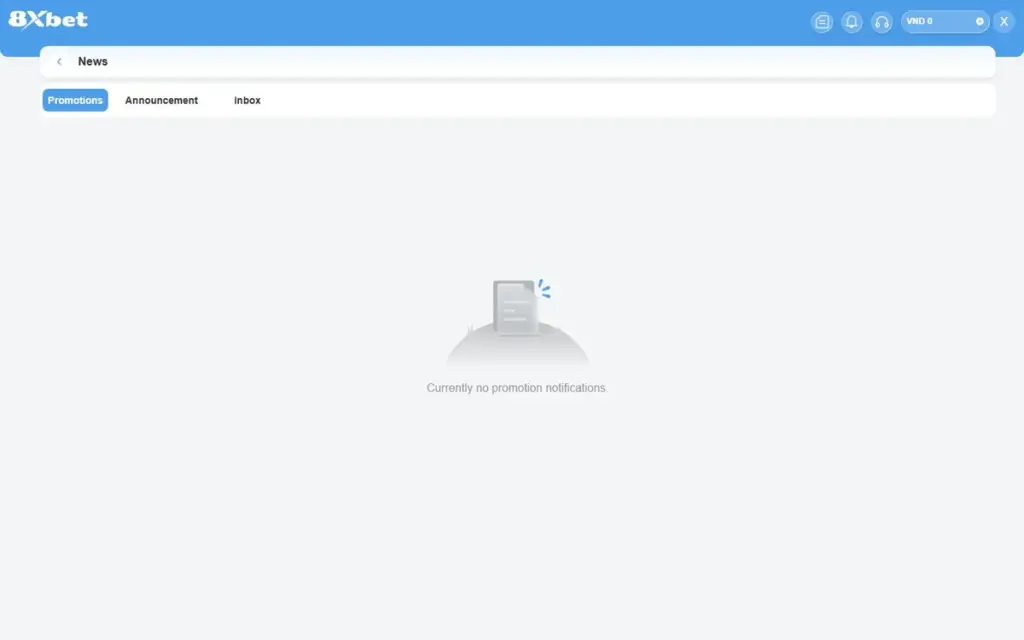 Trung tâm tin nhắn 8Xbet tiêu đề News, tab Promotions đang chọn, dòng Currently no promotion notifications