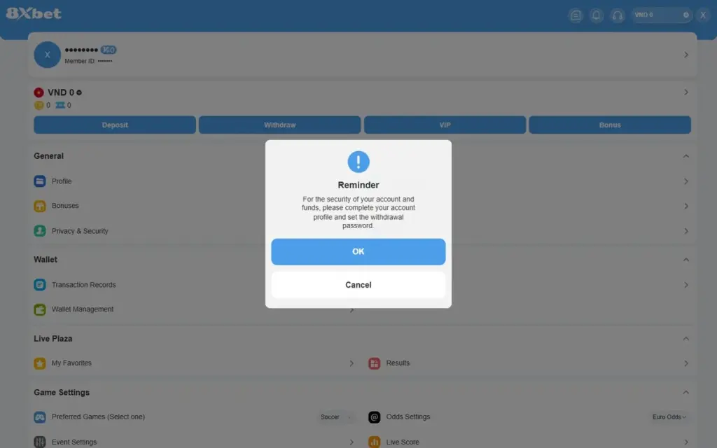 Hộp thoại Reminder khi bấm Cards trong nhóm Wallet của tài khoản 8Xbet mới